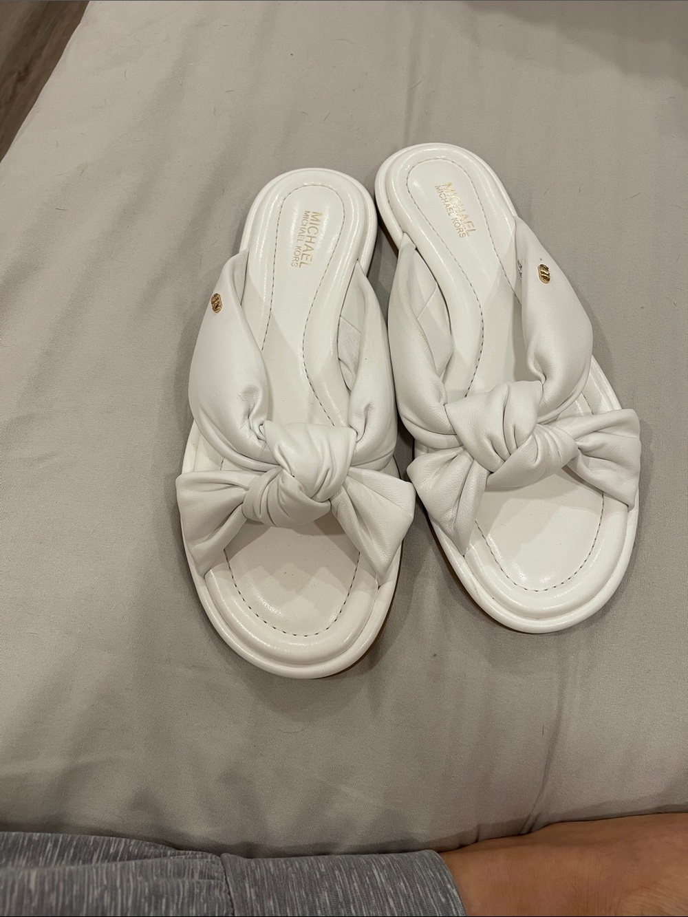 Michael Kors Cream Knotted Slide Sandals with Gold Accent
